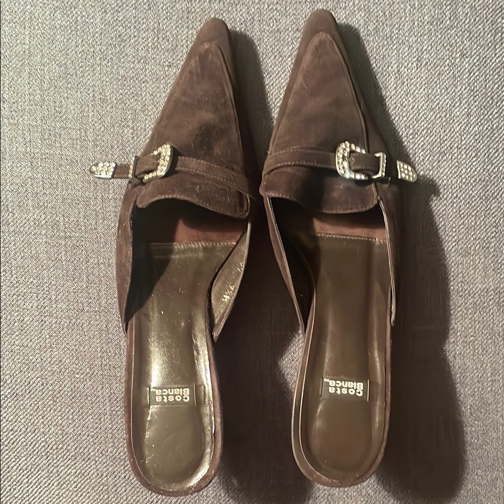 Costa Blanca Brown Suede Mules with Decorative Buckle
